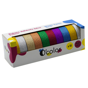 10 RUBANS ADHESIFS COLORIS PAILLETES ASSORTIS 15MMX10M